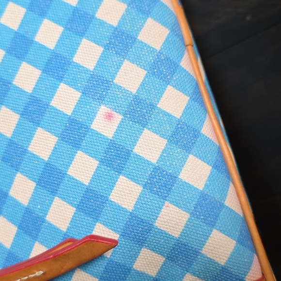 Dooney & Bourke Blue Zip Top Gingham Canvas Tote Shoulder Bag Tan Leather Accent - Picture 7 of 14